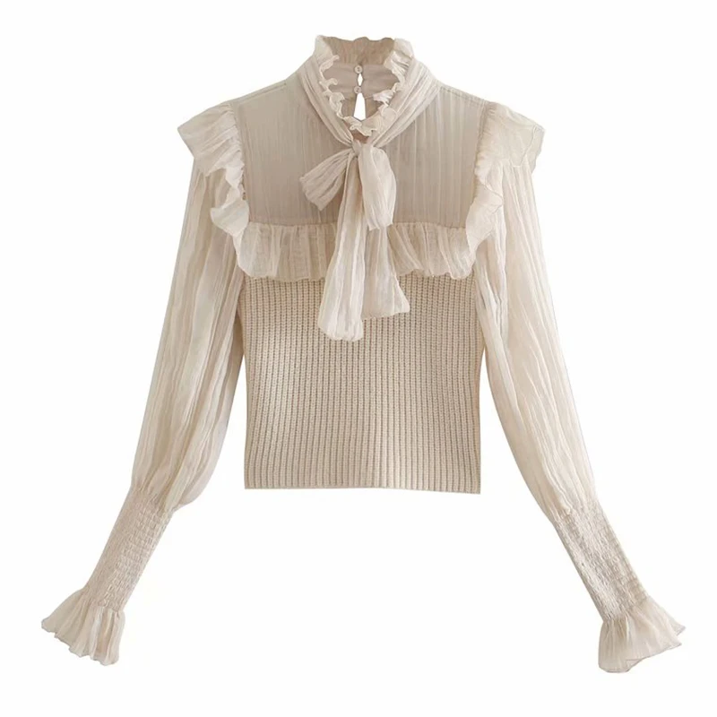 

2020 Fashion High Neck Bow Tied Long Sleeve Ruffle Blouse Women Contrast Organza Patchwork Cropped Knitted Sweater
