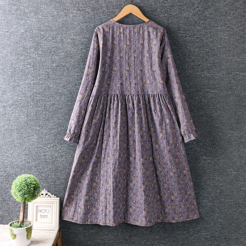 

2021 New Spring Women Cotton linen Dress Japan Style Literary Fresh Long Sleeve Floral Print Loose Midi Dresses Women