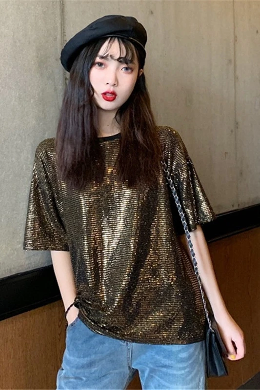 

2021 Shiny Short Sleeved Sequined T Shirt for Women Summer Fashion Short Sleeve Loose Casual T Shirt Female Streetwear Top