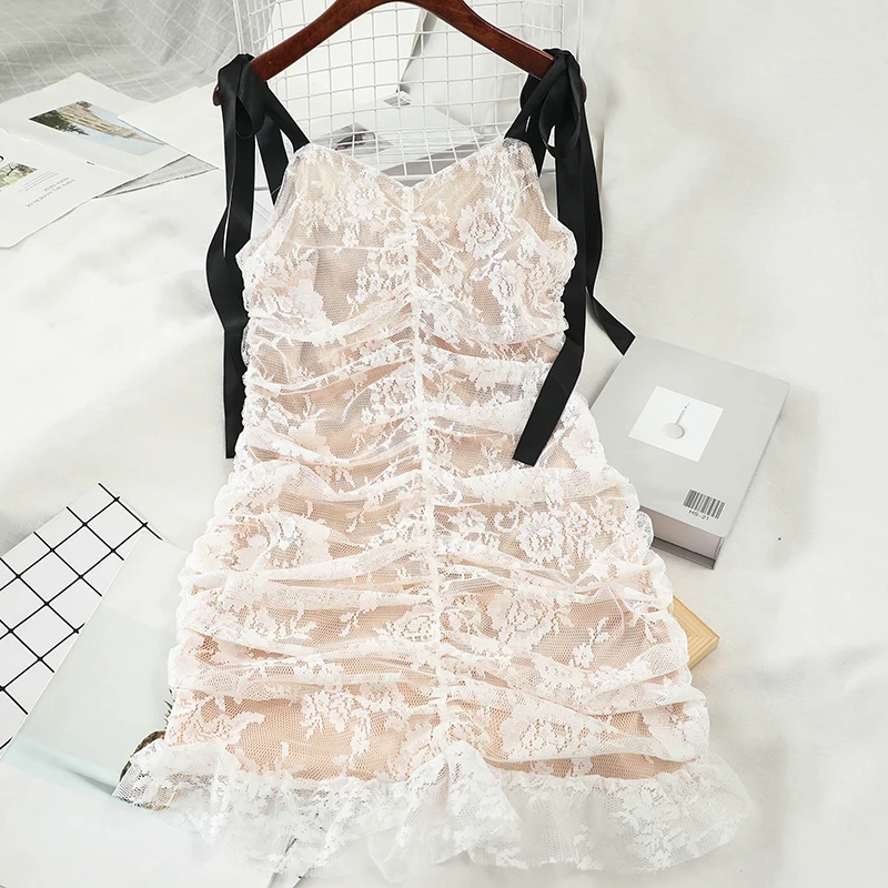 

Summer Hong Kong-Style Fashion Temperament Bandage Bow Lace Waist Hugging Slim Ruffled Vest Dress Autumn Sling Inner Dress