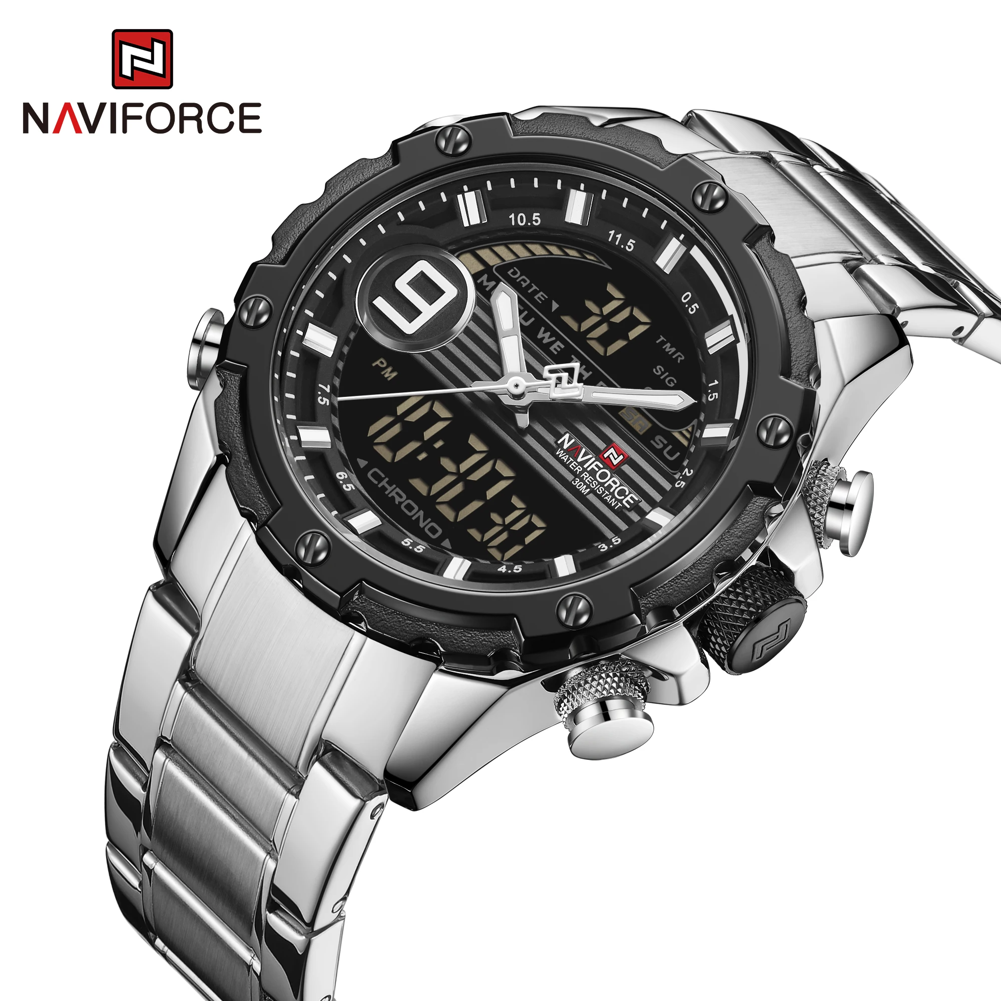 

NAVIFORCE Brand Men Watch Fashion Chronograph Sport Watches Clock Analog Digital 3ATM Waterproof Wristwatch Dual Display Quartz