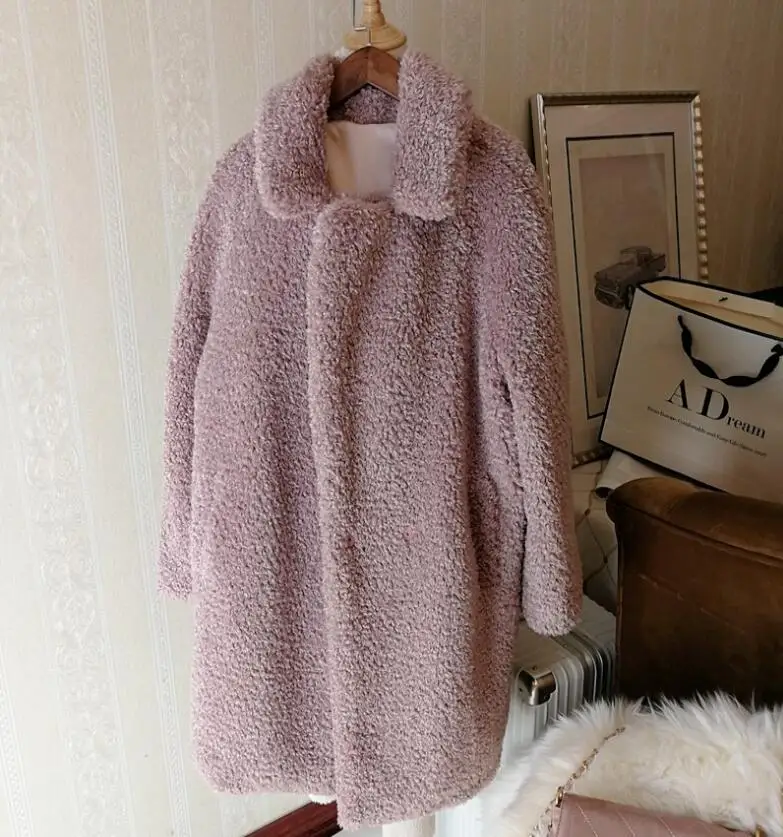 Женская Шуба из меха ягненка розовая удлиненная шуба искусственного с отложным