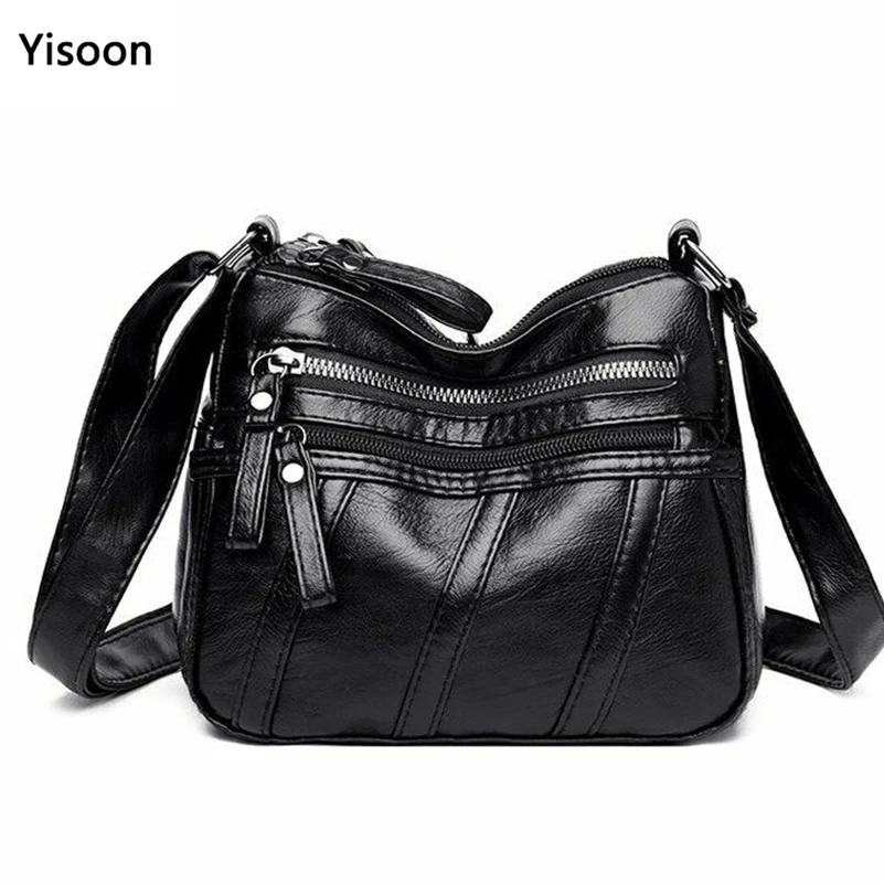 Женская маленькая черная сумка из мягкой искусственной кожи с несколькими