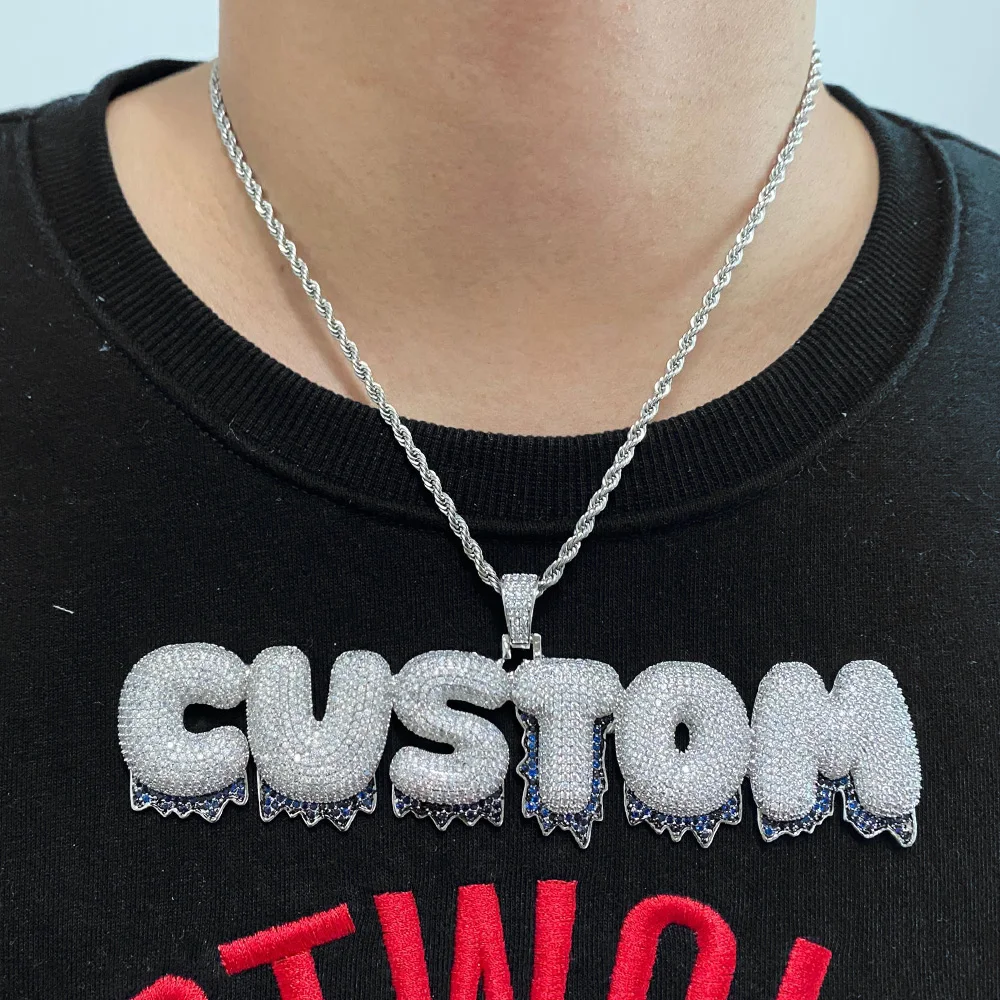 

Custom Name Drip Waterdrop Letter CEO Blue Zircon Pendant Necklace 100% Micro Pave CZ Hip Hop Iced Out Tennis Chain Jewelry