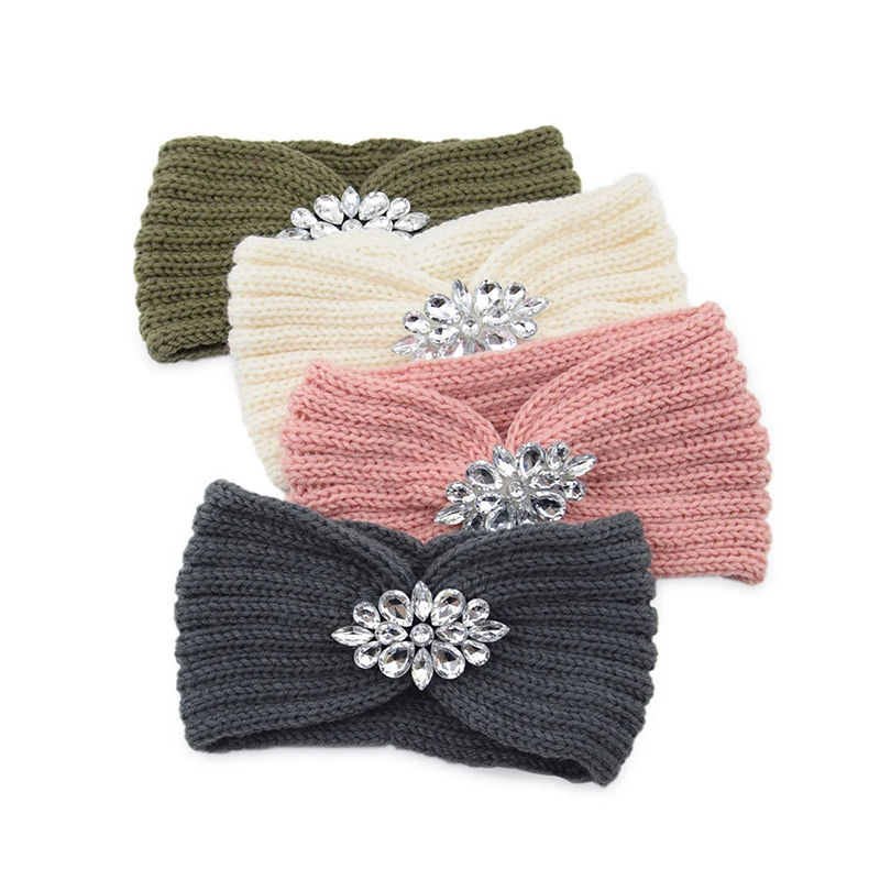 

Winter Warm Wide Knitted Headband Women Clear Crystal Flower Twist Crochet Hair Band Head Wrap Rhinestone Ear Warmer Accessories