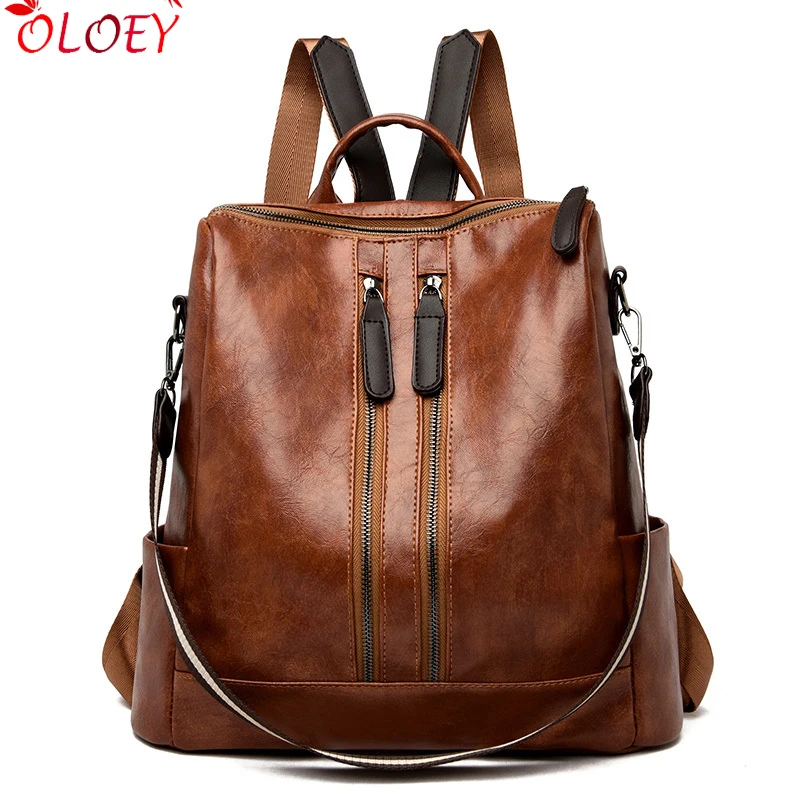 Женский винтажный кожаный рюкзак с двойной молнией Многофункциональный