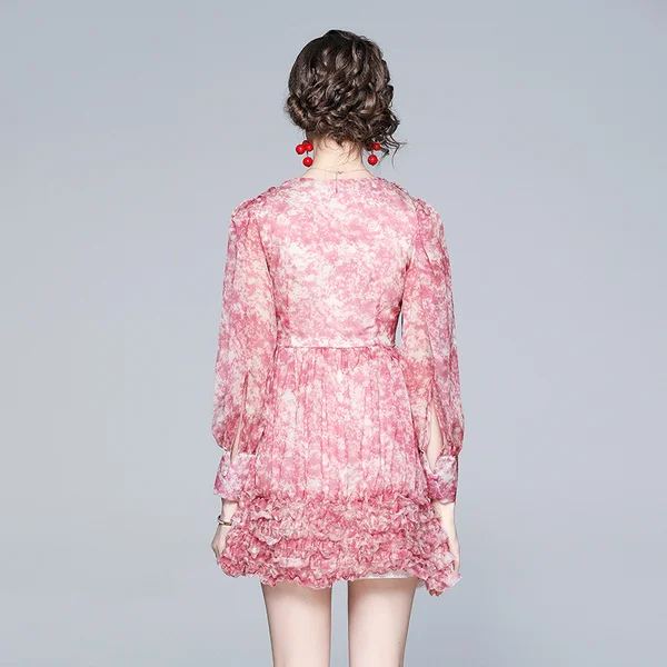 

Elegant Dresses For Women Lantern Sleeve Sweet Chiffon Flowers Ruffles party Dress Summer High Waist Casual Slim Dress Female
