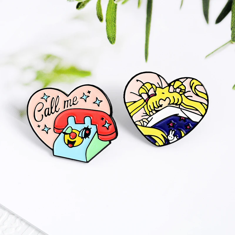 

Cartoon Funny Heart Enamel Pins Call Me Jewelry Brooches Denim Shirt Collar Badge Lapel Pins Friends Gifts