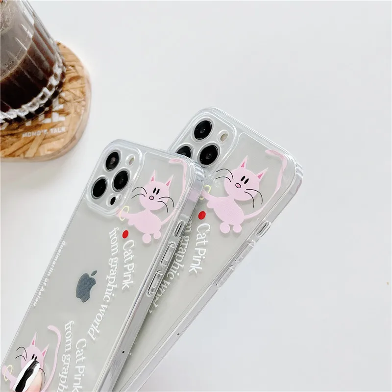 

Cute Cartoon Pink Cat Phone Case For iPhone 12 11 Pro Max 12MIni XR XS X 7 8 Plus Clear Soft TPU Silicon Back Cover Capa