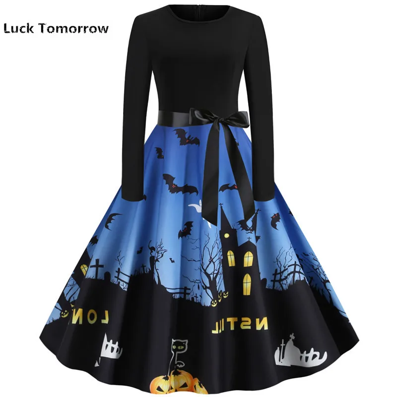 Женское платье с длинным рукавом зеленое в стиле 50-60-х годов тыквой черепом на