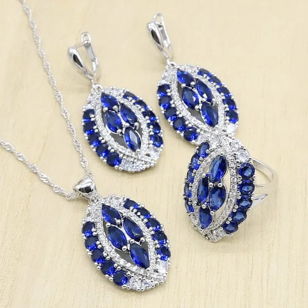 Королевский синий белый цирконий 925 серебряные ювелирные наборы для женщин серьги подвеска из колец ожерелье подарок на день рождения - Окраска металла: Blue
