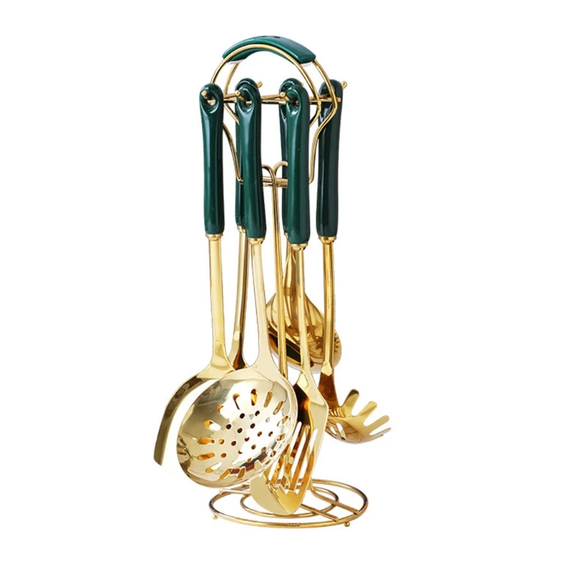 

Nordic 7Pcs Kitchen Utensil Set Stainless Steel Cooking Spoon Spatula Shovel with Ceramic Handle Carousel Holder Tools 4XFA