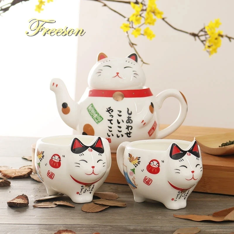 

Japanese Ceramic Cute Cartoon Lucky Cat Flower Tea Creative Set One Teapot And Two Cups Female Gifts