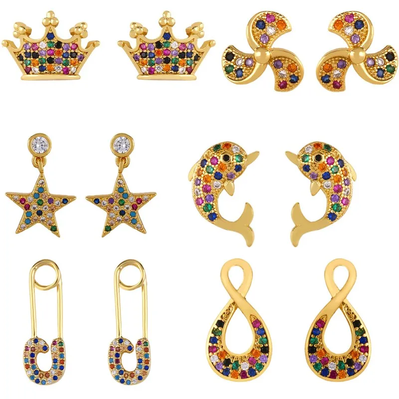 Милые романтические короны серьги-гвоздики в виде слона золотого цвета