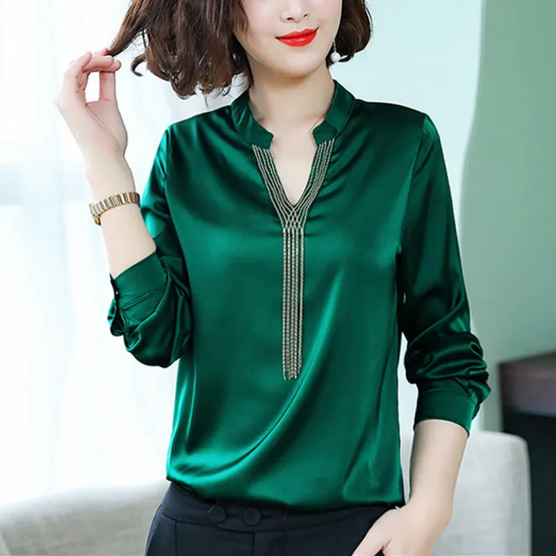 

Женская шифоновая блузка с длинным рукавом и V-образным вырезом