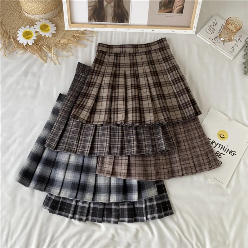 Korean Style Plaid Pleated Skirt Female Spring and Autumn High Waist Thin A-line Short Skirt Student Woolen Summer Skirt