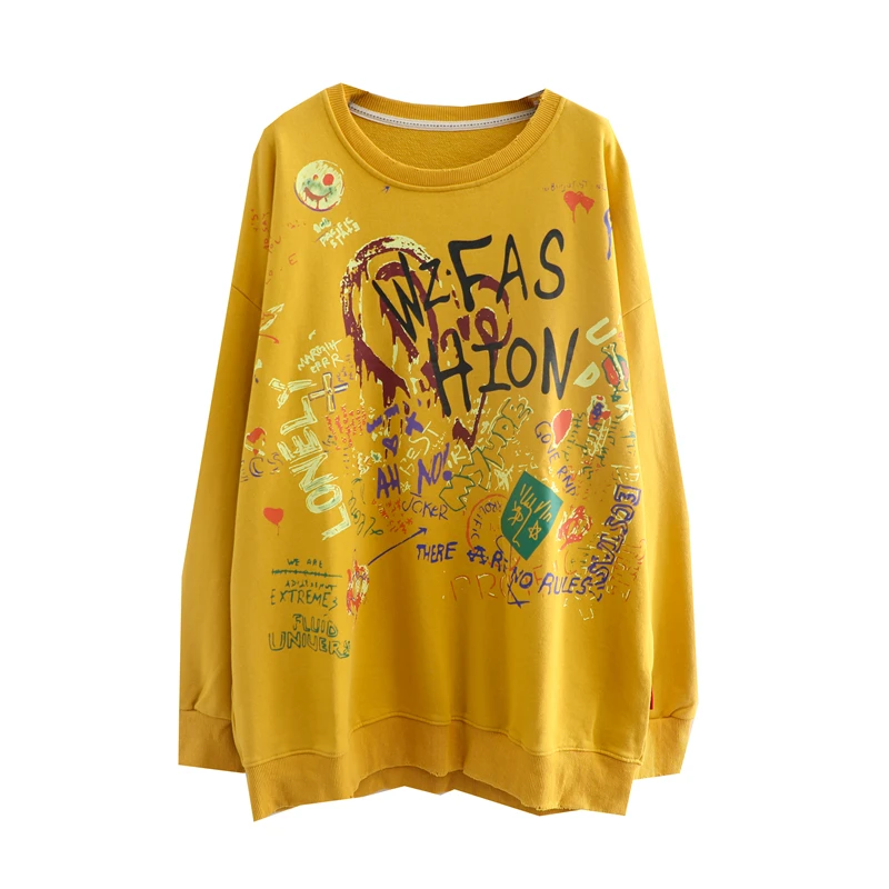 

Terry Cotton Sweatshirts Women Streetwear Autumn 2021 Graffiti Letter Pullovers Plus Size Hip Hop Sweats Tops Students Hoodies