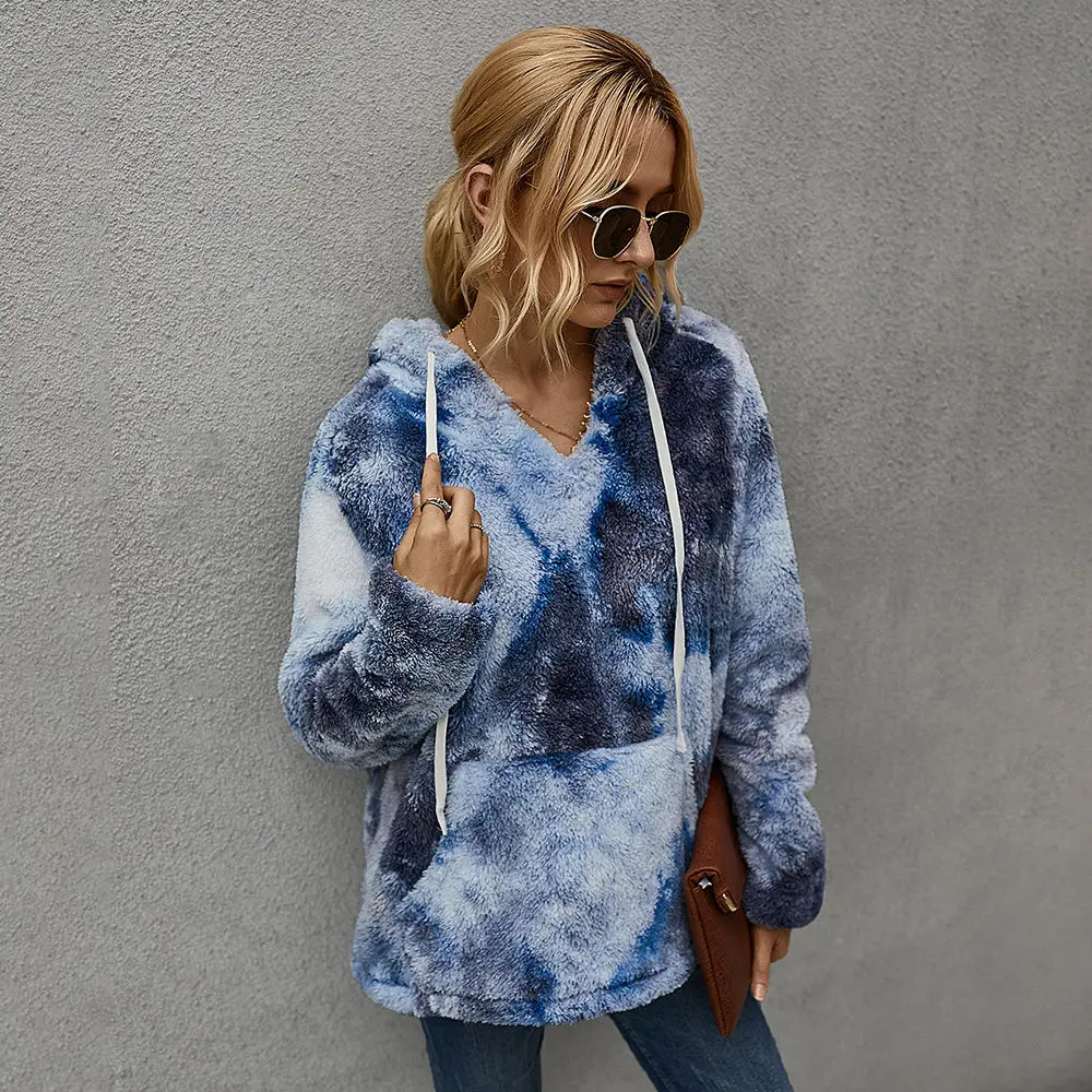 

Women Tie Dye Sherpa Sweater Hooded High Quality Fluffy Fleece Pullover Winter Warm Teddy Fleece Sweaters