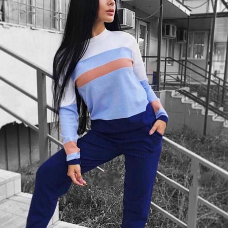 White Blue Женский вязаный костюм из двух предметов MVGIRLRU, разноцветный костюм с укороченным свитером/пуловером и с брюками - Цвет: White Blue