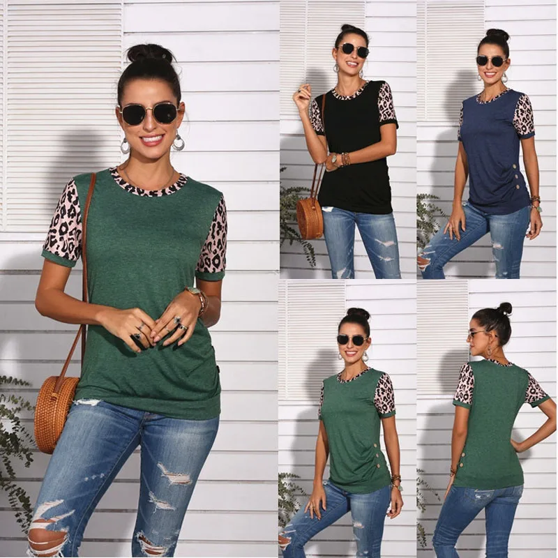 

Women T shirt Short Sleeve Crew Neck Leopard Print T-shirts Summer Casual Tops Tees Sweatshirts Plus Size Ladies Female Clothing