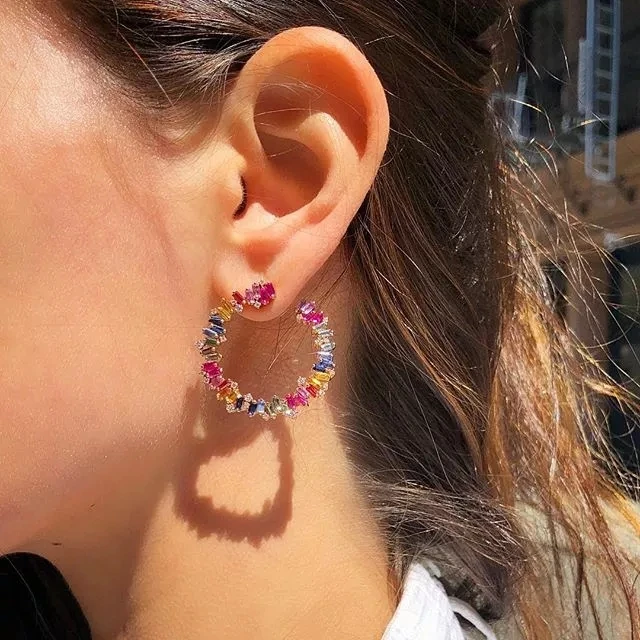 2021 Luxury Gold color round circle geometric stud earring Baguette rainbow colorful cz paved fashion trendy jewelry for women | Украшения
