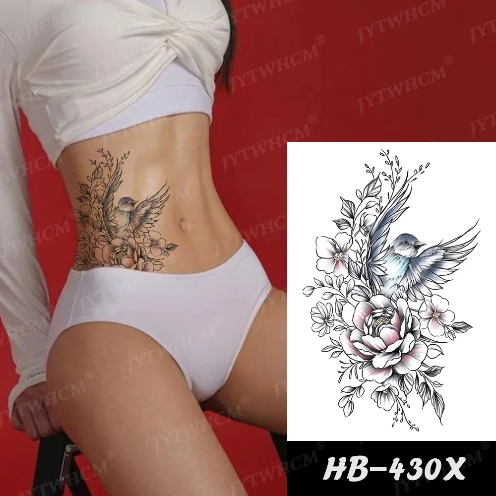 

Large Size Stickers Tattoo Pink Cat Bird Temporary Fake Tattoo for Women Waterproof Transfer Black Sketch Flower Sexy Stickers