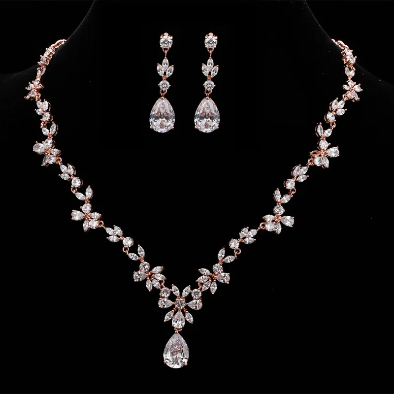 

Ekopdee Romantic Rose Gold Cubic Zirconia Drop Earrings Necklace Exquisite Jewelry Set For Women Engagement Dinner Accessories