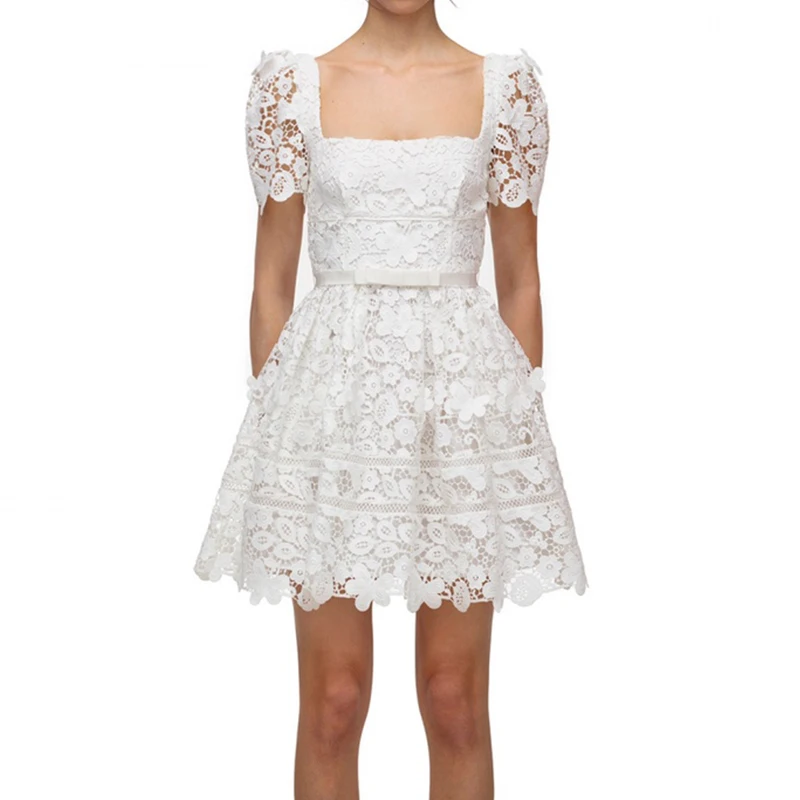 

Женское кружевное мини-платье, элегантное белое ажурное платье-трапеция с коротким рукавом, в Корейском стиле, лето 2021