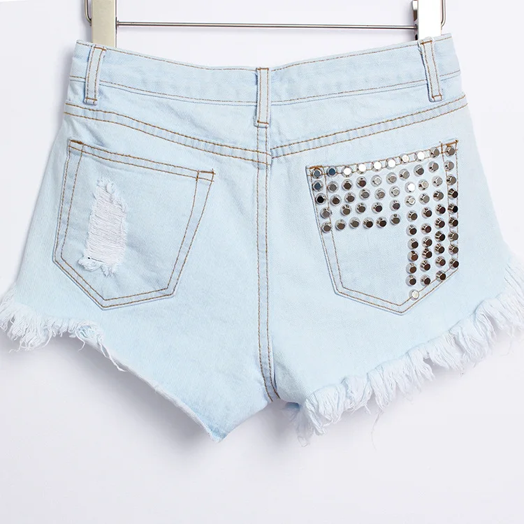 

European speed sell tong couture hole rivets high waist jeans loose shorts hot source 0.5 KG