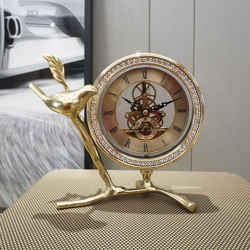 Роскошные золотистые латунные часы домашний докор статуя птицы украшение для