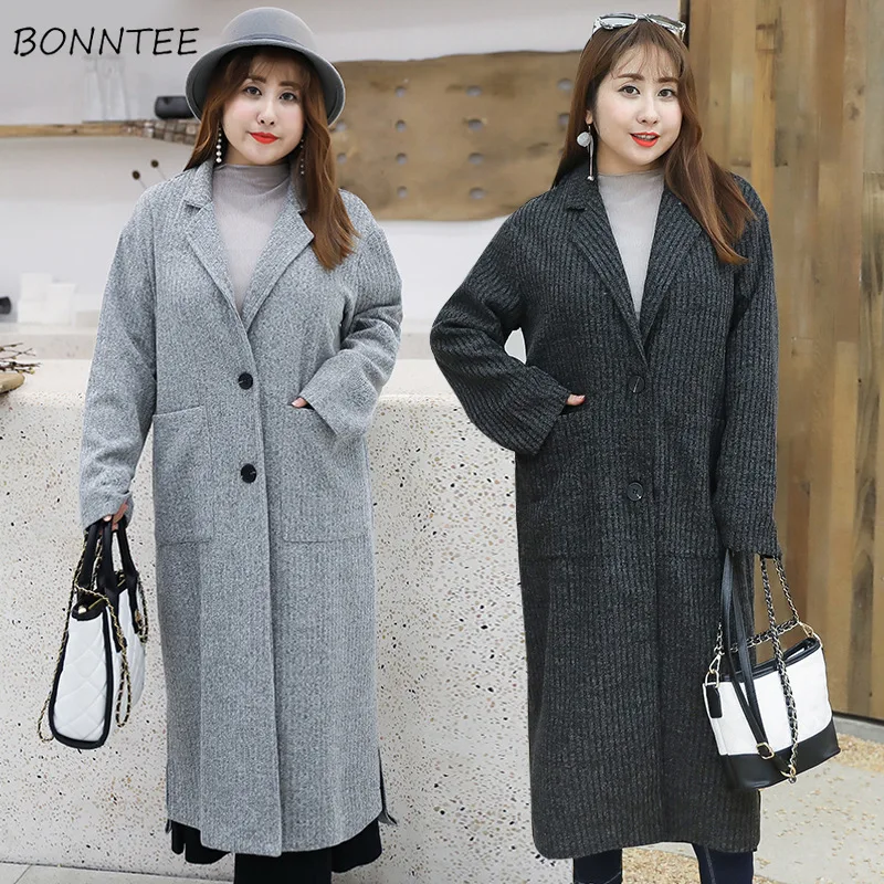 

Wool Women Trendy Solid Elegant Single Breasted Plus Size Knitted Coat Loose Sweet Womens Korean All-match Long Woolen Coats