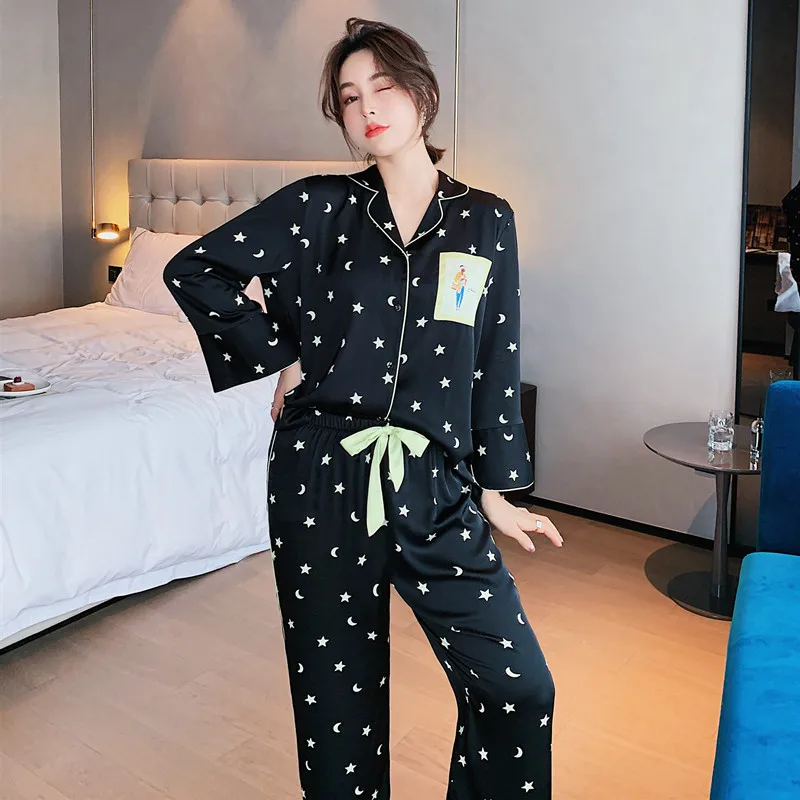 

Sexy Star Moon Printed Black Pajama Set For Women Autumn Long Sleeve Silk Pyjamas Soft Sleepwear Casual Homewear 2Pcs Pijama