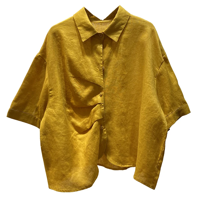 

Summer Korean Style Personality Trendy Pleated Lapel Short-Sleeved Shirt for Women Cotton Linen Shirt Coat Top Trendy Tops