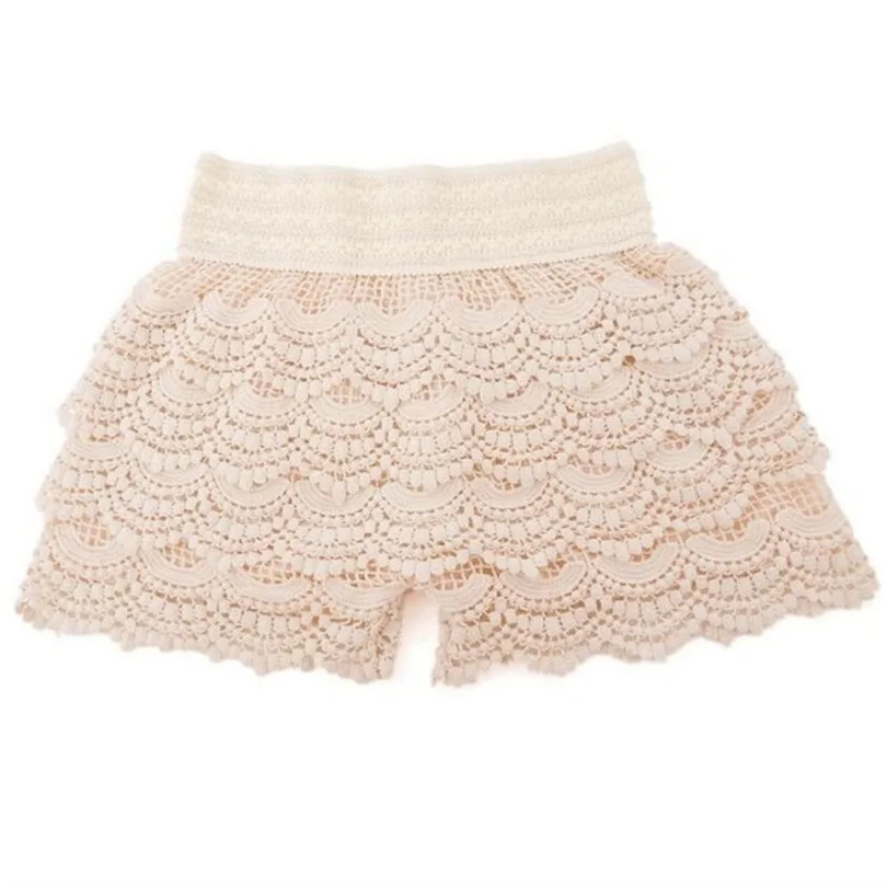 

YRRETY Women Casual Shorts Patchwork Fitness Workout Summer Female Elastic Beach Sweet Style Lace Crochet 2021 Pleated Bottom