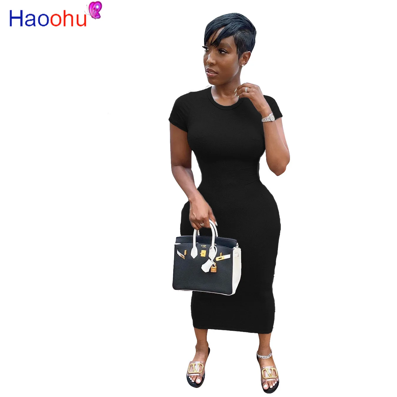 

HAOOHU Summer Women Solid Color O-neck Short Sleeve Bodycon Midi Dress Sexy Party Club Bandage Pencil Dresses