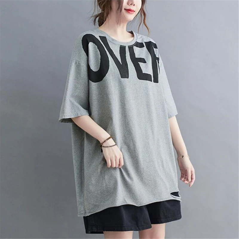 

2021 Summer Fashion New High Quality Round Neck Short Sleeve Letter Printing Plus Size Women's Clothing Loose Hole T-Shirt Top