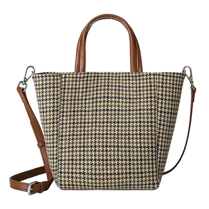 

WOONAM Women Fashion Handbag Fall Winter Tweed Canvas with Genuine Calf Leather Trim Bucket Tote Handbag WB1140