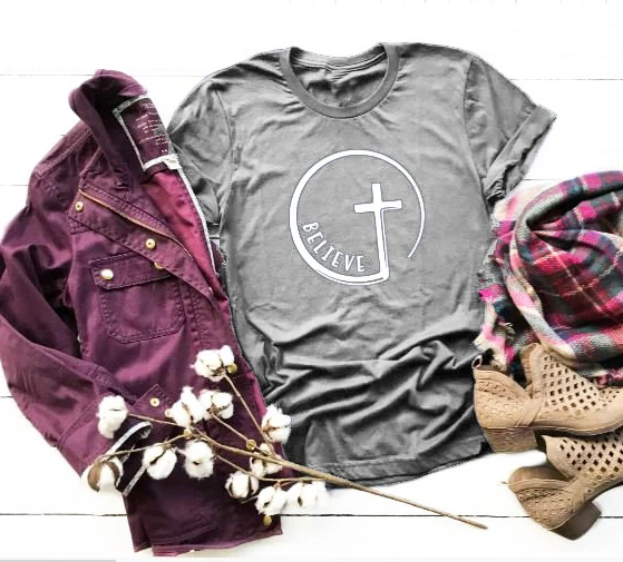 

Believe T-shirt Religious Christian Tees Faith trendy tees cross graphic fashion slogan aesthetic believer gift shirt- K918