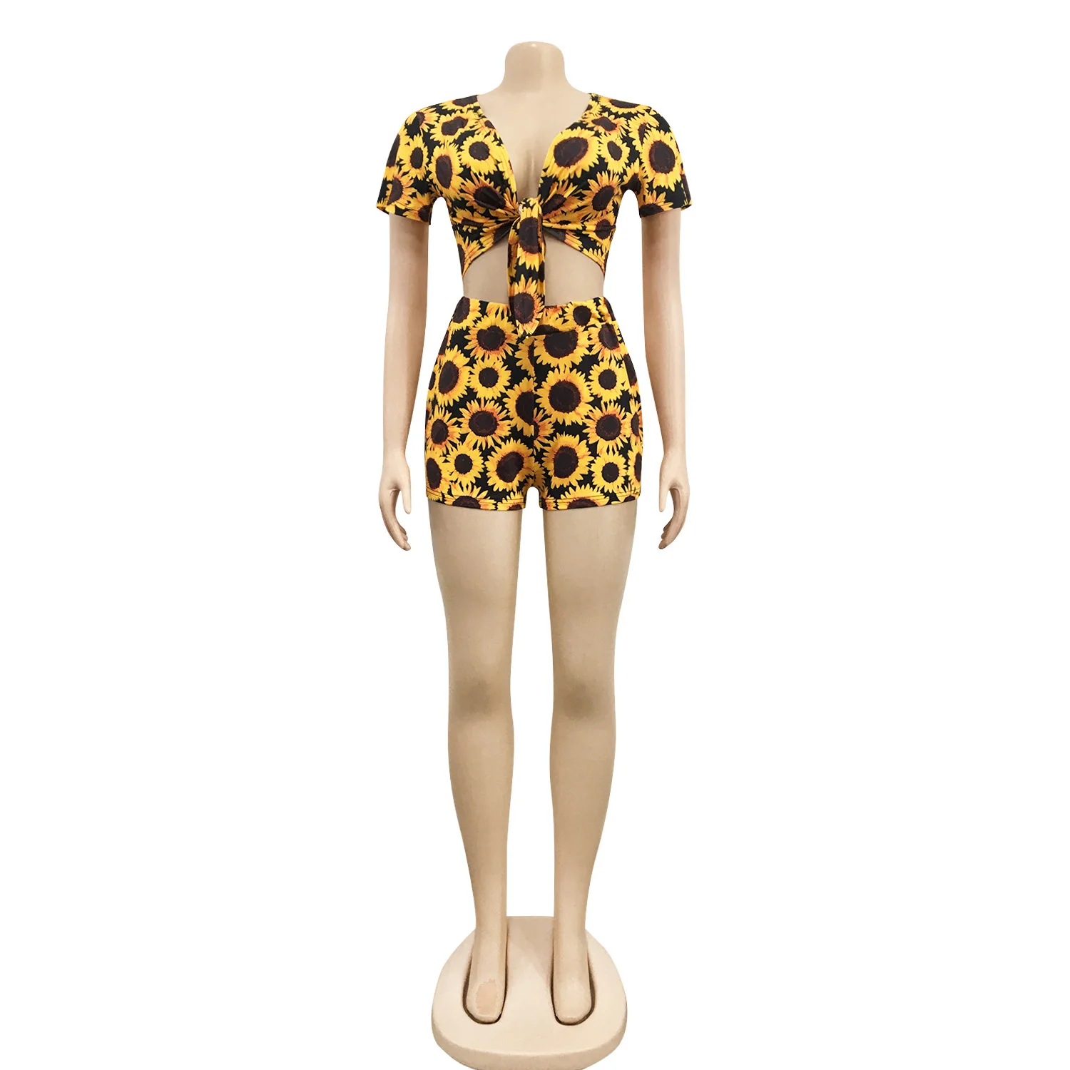 

Cutubly Summer Beach Set Outfits Sunflower Print Retro Two Piece Set Women Tracksuit V-neck Short Sleeve Top and Biker Short