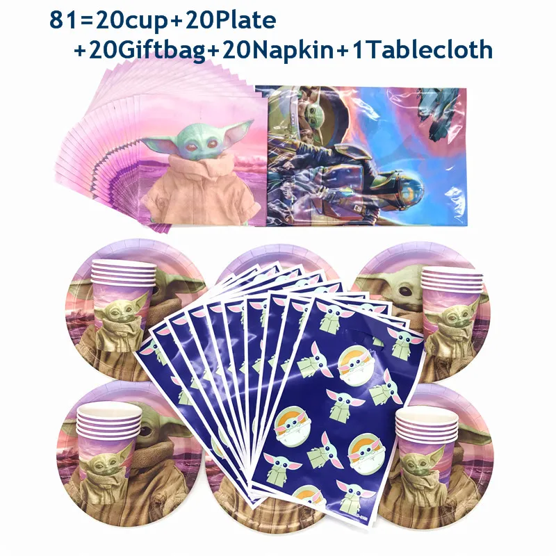 

Disney Mandalorian Yoda Baby birthday Party Disposable Tableware Birthday Decorations Kids Shower Decor Party Supplies 51-81pcs