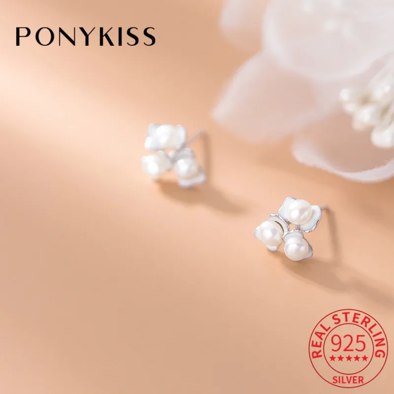 

PONYKISS Romantic 925 Sterling Silver Pearl Flower Stud Earrings for woman Party Delicate Fine Jewelry Minimlist Accessory