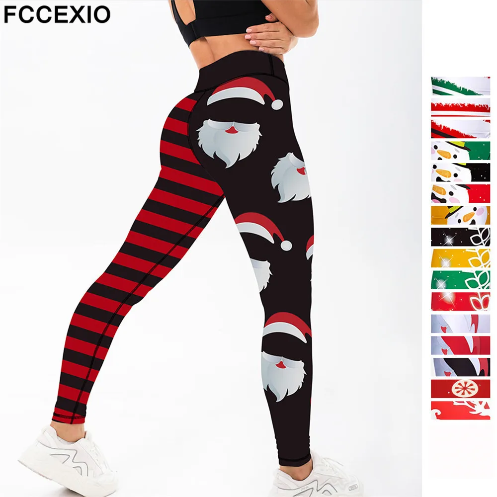 

FCCEXIO Christmas Leggings Gift Autumn Winter Festival Legging Women 3D Stripe Sexy High Waist Skinny Leggins XMAS