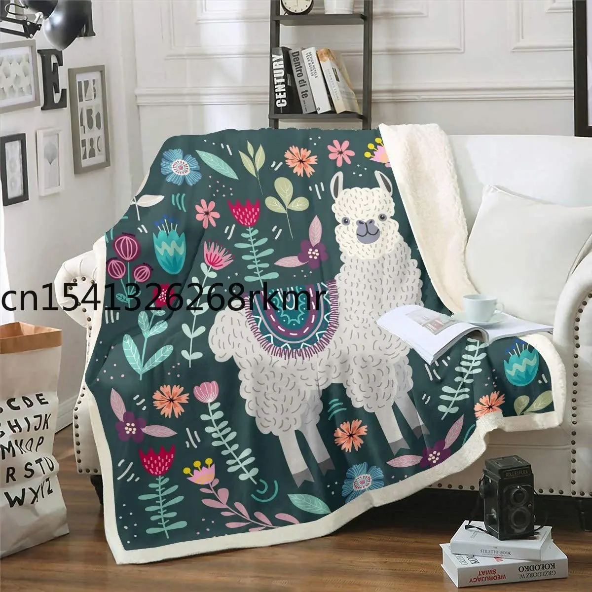 

Cartoon Llama Alpaca Plush Blanket Cute Llama Fleece Throw Blanket for Sofa Couch Bed Colorful Botanical Floral Printed Sherpa