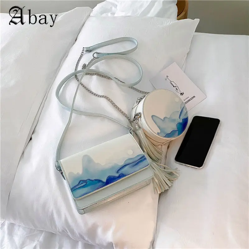 

Fashion Chinese Style Tassel PU Small Bags for Women Crossbody Bag Landscape Flap Pures and Bags Forever Young White Circular