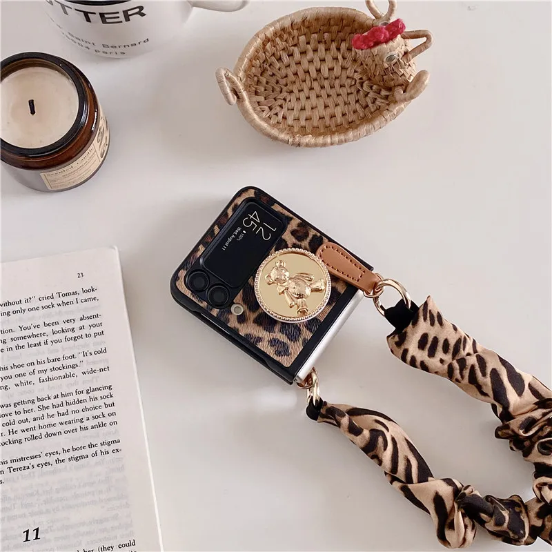 woman sexy leopard print leather with cloth bracelet phone case for samsung galaxy z flip 3 5g cute gold bear bracket hard cover free global shipping