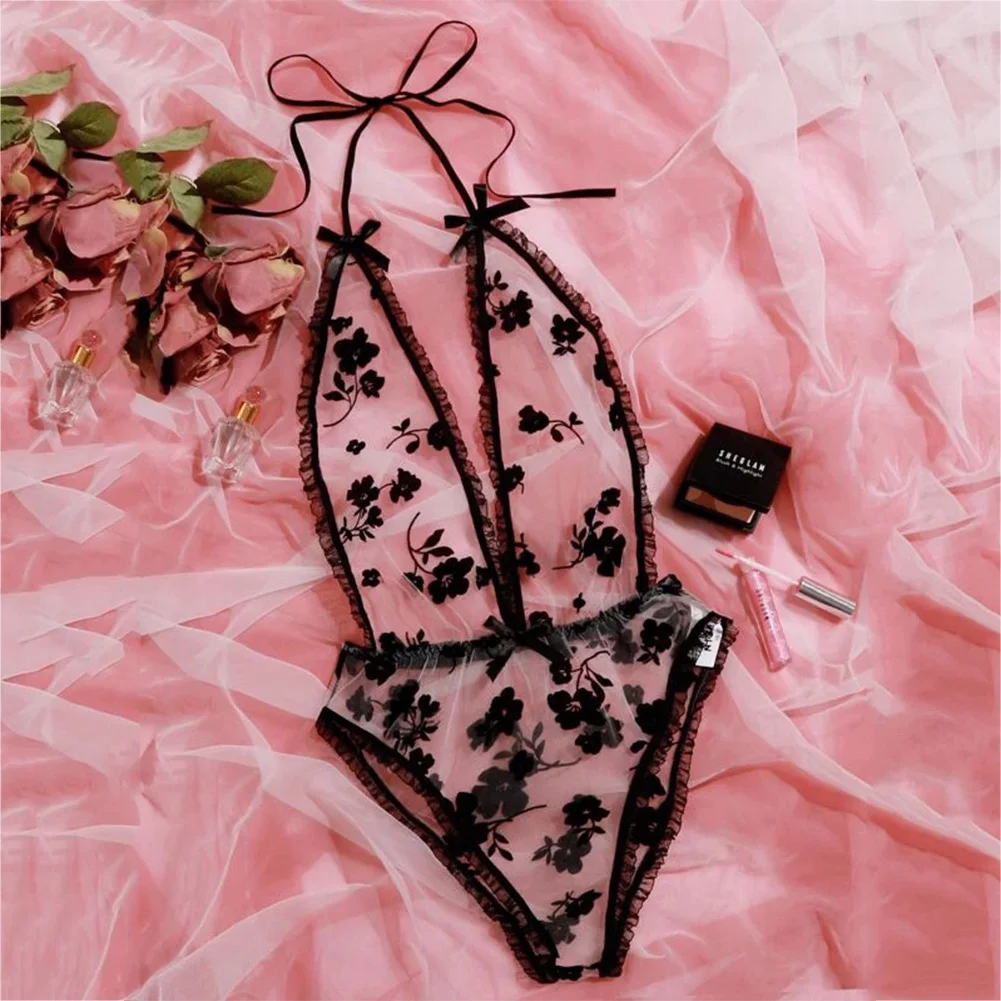 

Sexy Teddies Mesh Lace Women's Bodysuit Sexy Lingerie Halter Jumpsuit Pajamas Hollow See-through Teddy Bodysuit Fast delivery