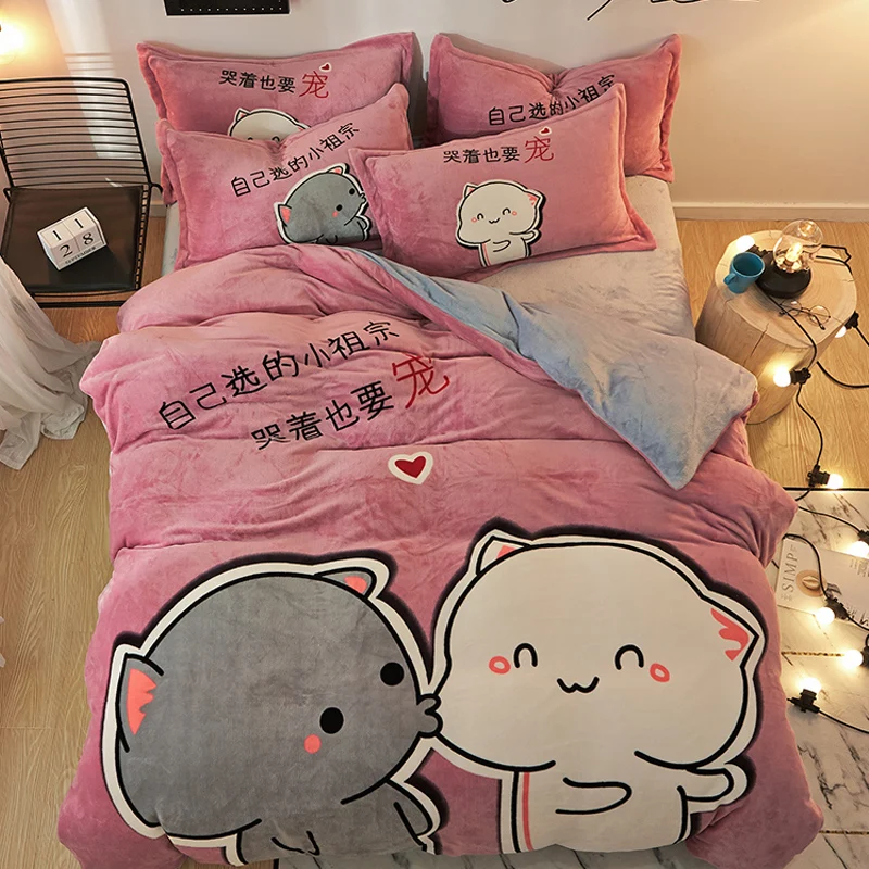 

Cute Home Textile 4pcs Bedding Sets Winter Velvet Warm Sheets Sets Cotton Pillowcase Duvet Cover Sets Quality Home Decor FF80S