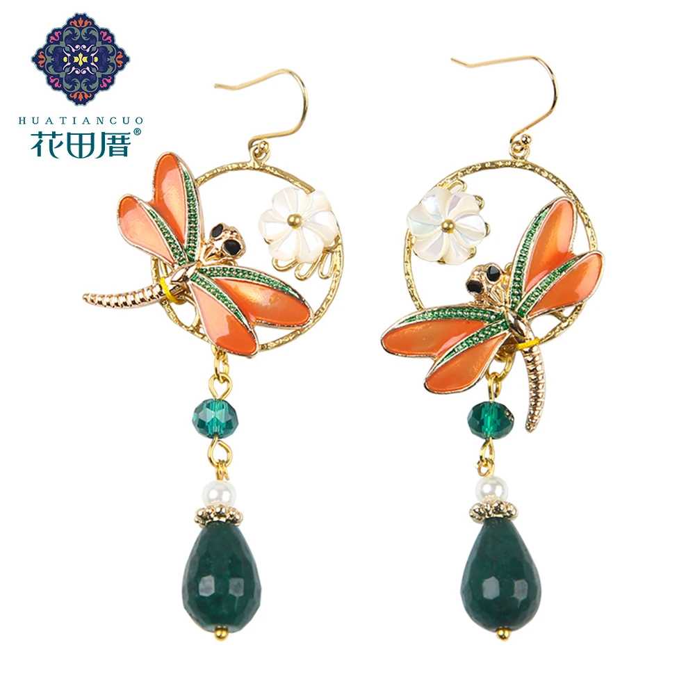 Оранжевые сплав стрекоза зеленый раздел J ade этнические висячие серьги кристалл