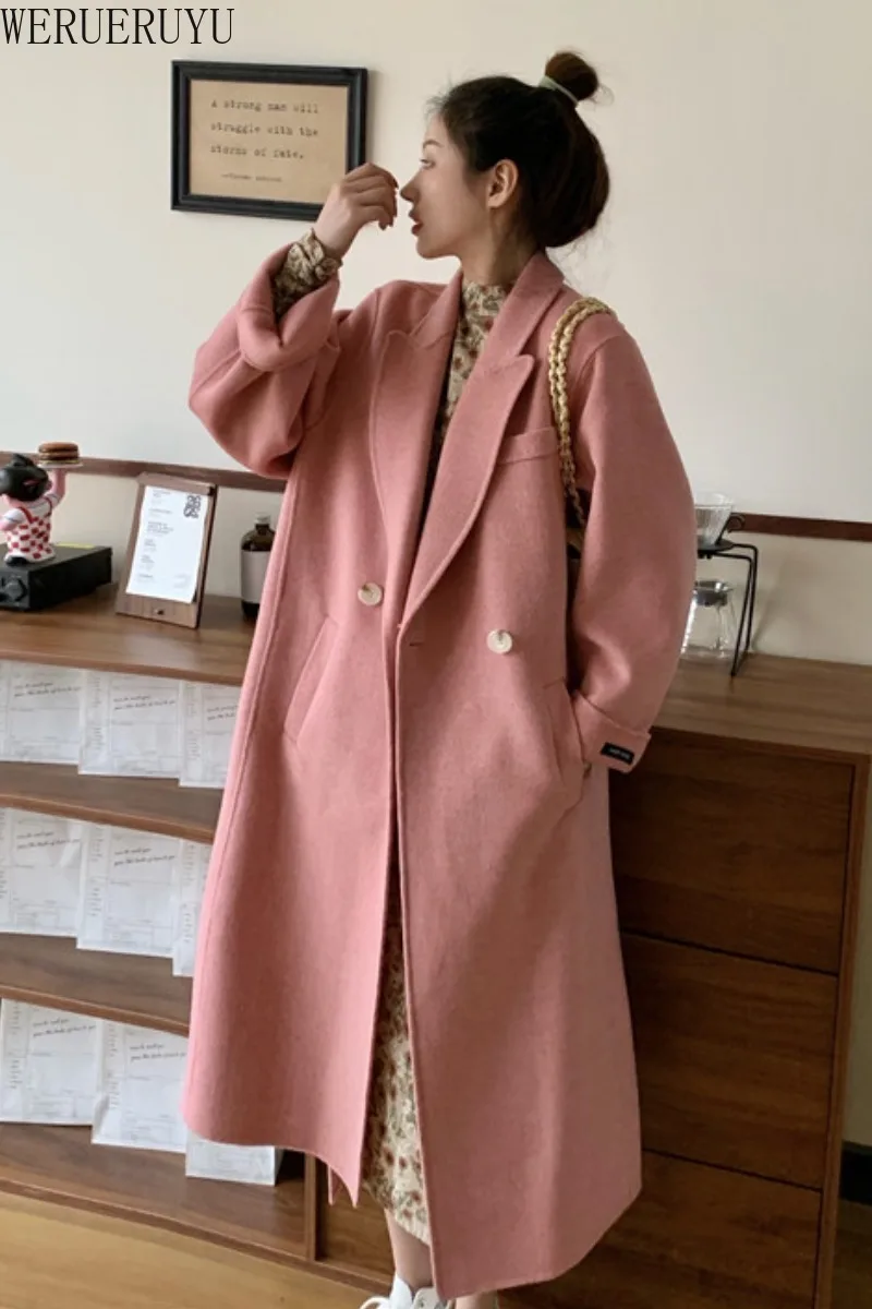 

WERUERUYU Women Winter Turn-Down Collar Coat Autumn Button Woolen Pocket Outerwear Coat Office Lady Solid Warm Jacket