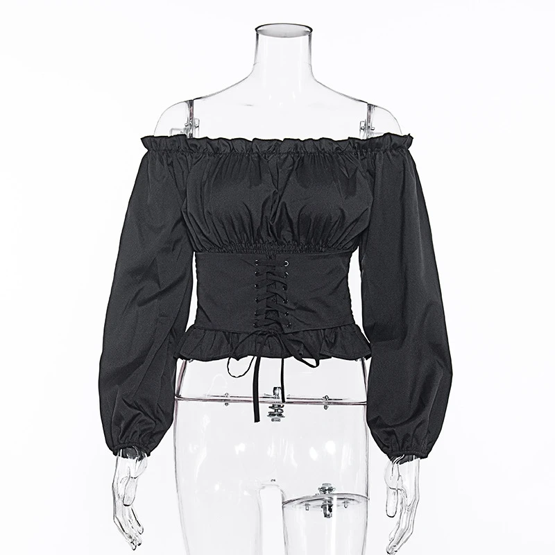 

Women's dress in spring of 2019 women's solid color one line collar waist strap off shoulder Lantern Sleeve T-Shirt